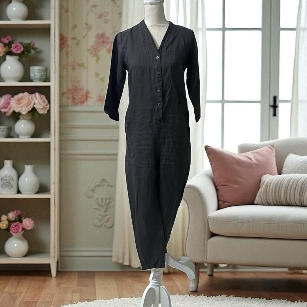 Hannah Lavery Gray Minimalist Lagenlook Linen‎ Button Front Jumpsuit Size 6